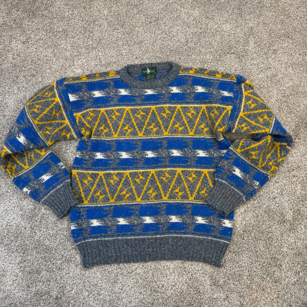 Vintage Hunt Club JCPenney Wool Blend Geometric Sweater Mens Medium Blue Yellow